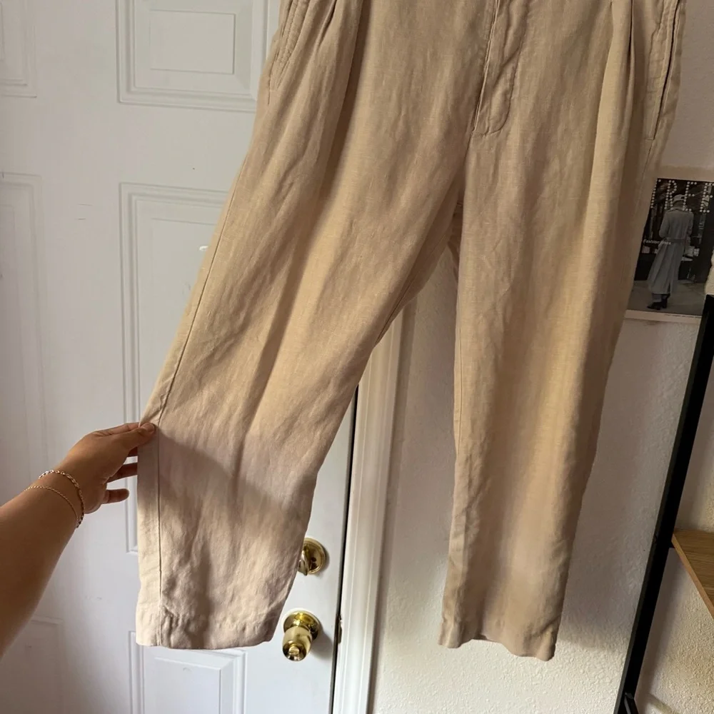 ALEXANDER YAMAGUCHI tan linen slim straight‎ leg cropped trousers pants